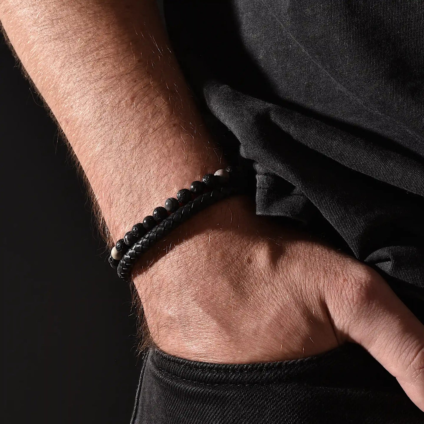 Dave - Leather bracelet with lava & spiderweb beads