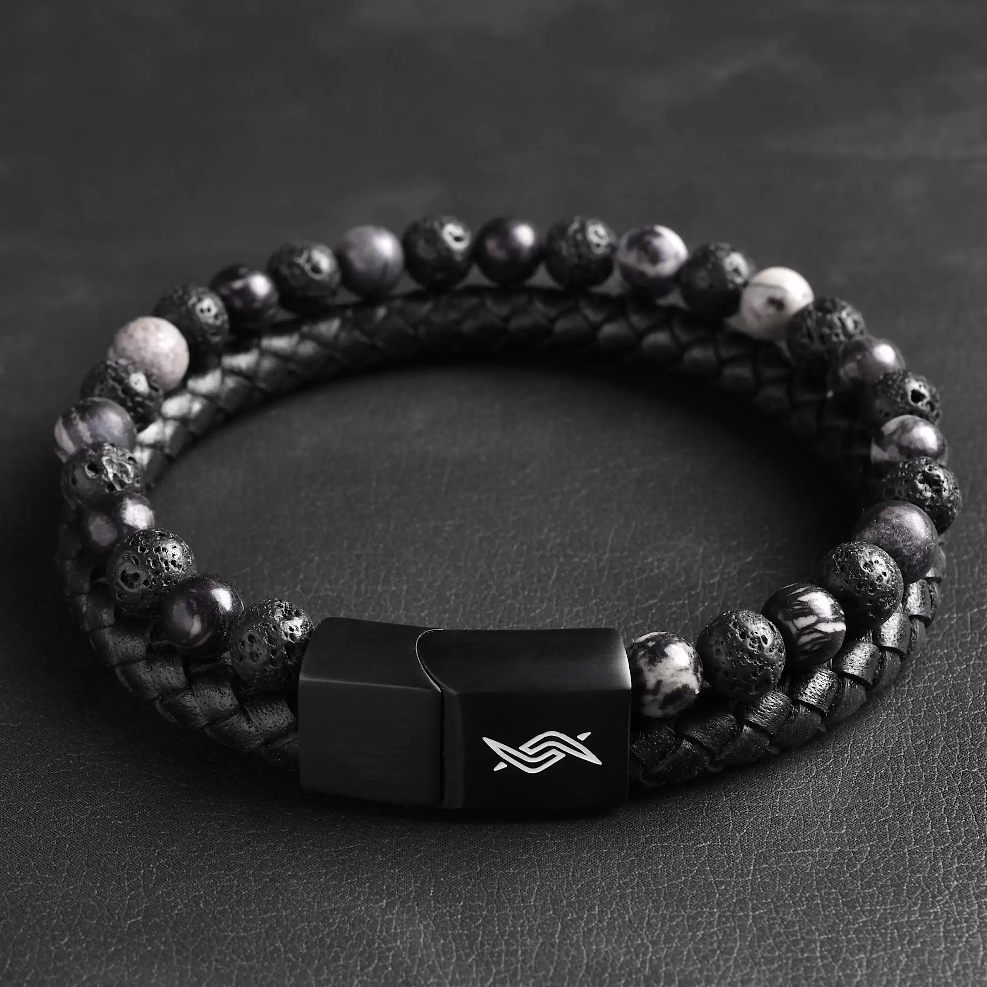 Dave - Leather bracelet with lava & spiderweb beads