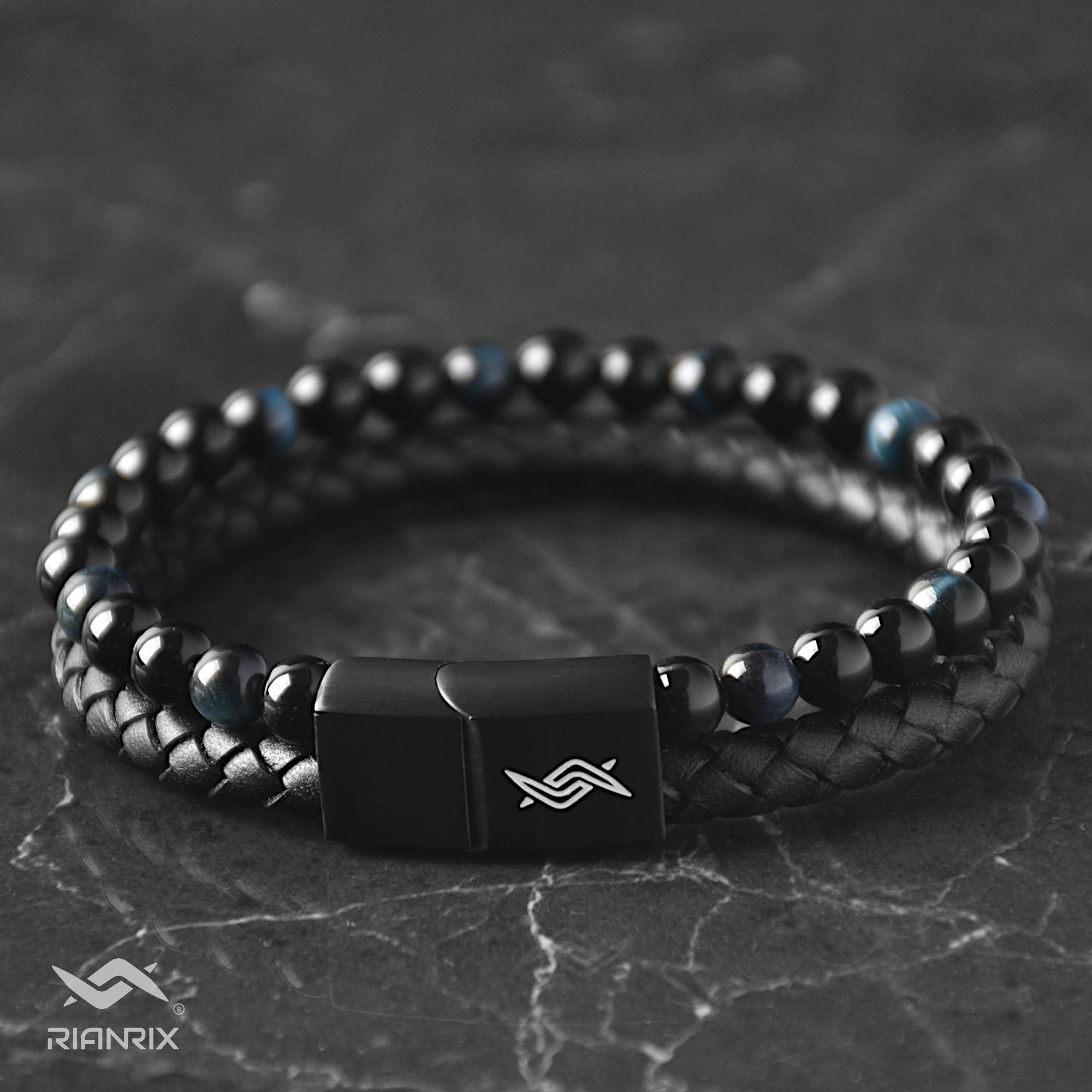 Eclipse - Genuine leather bracelet with blue tiger-eye beads