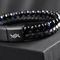 Eclipse - Leather bracelet with blue tiger-eye beads