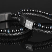 Eclipse - Genuine leather bracelet with blue tiger-eye beads