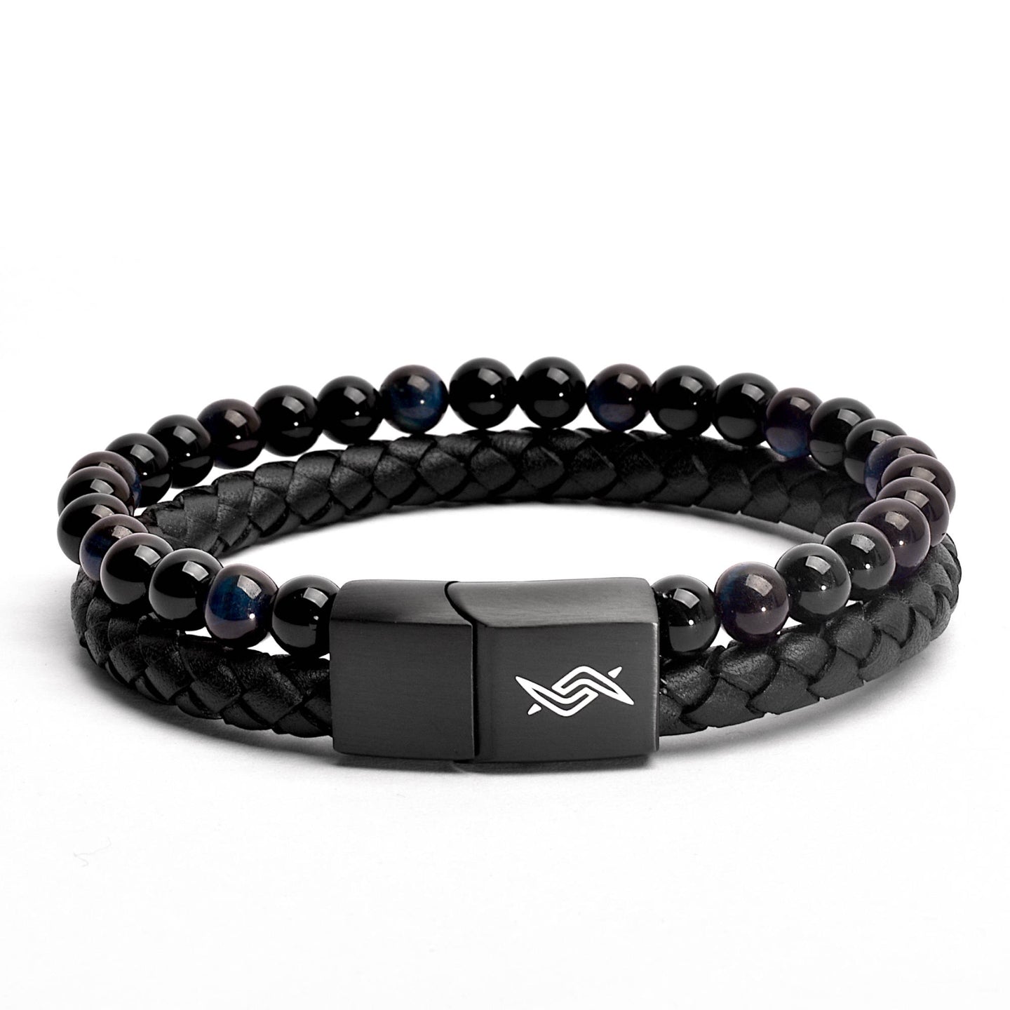 Eclipse - Genuine leather bracelet with blue tiger-eye beads