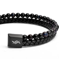 Eclipse - Genuine leather bracelet with blue tiger-eye beads