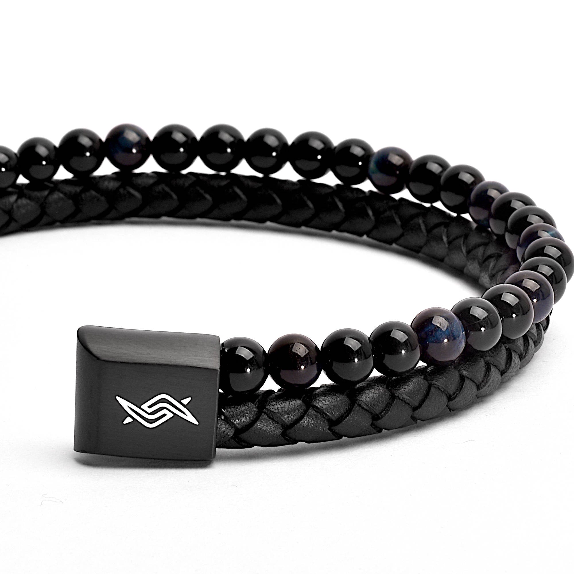 Eclipse - Genuine leather bracelet with blue tiger-eye beads