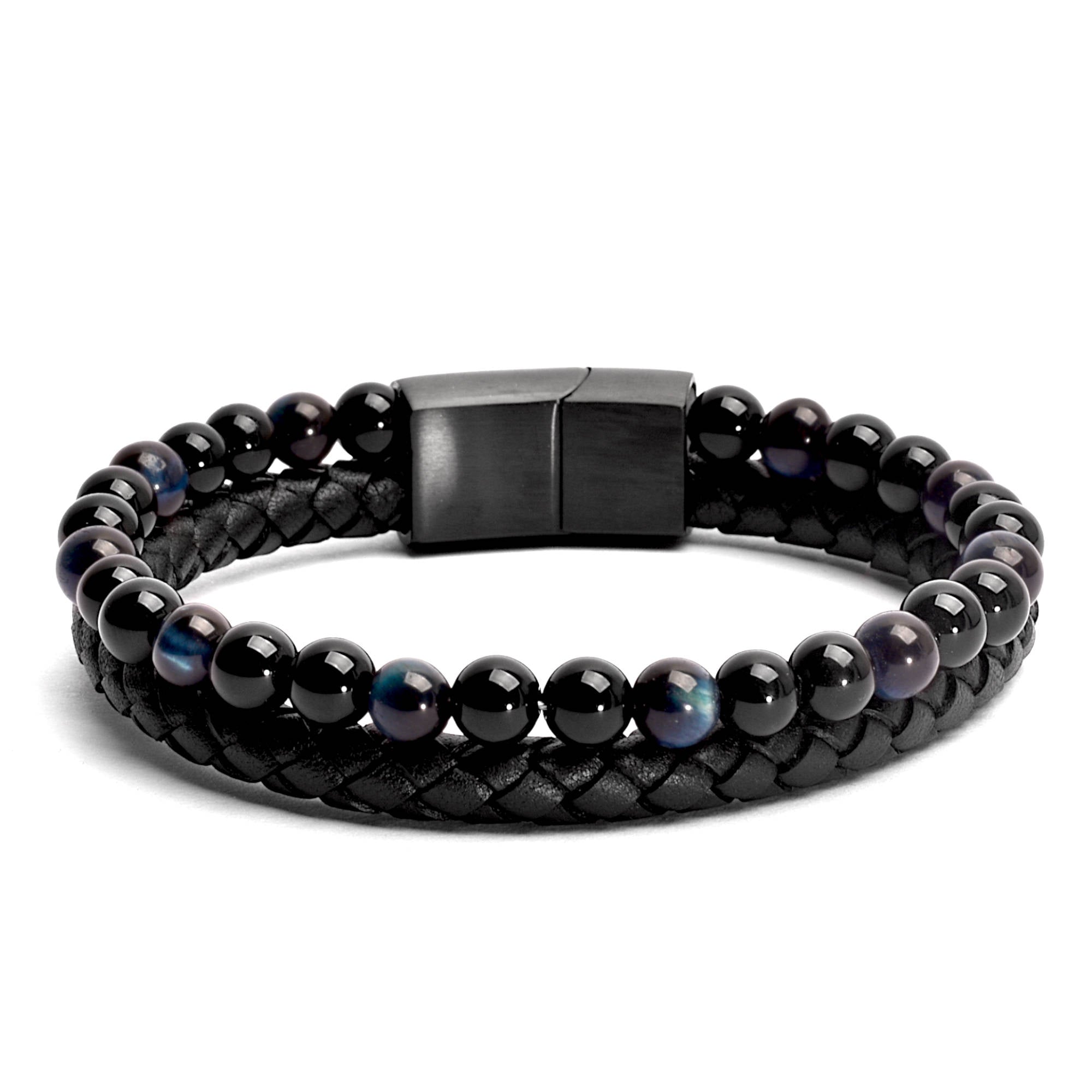 Eclipse - Genuine leather bracelet with blue tiger-eye beads