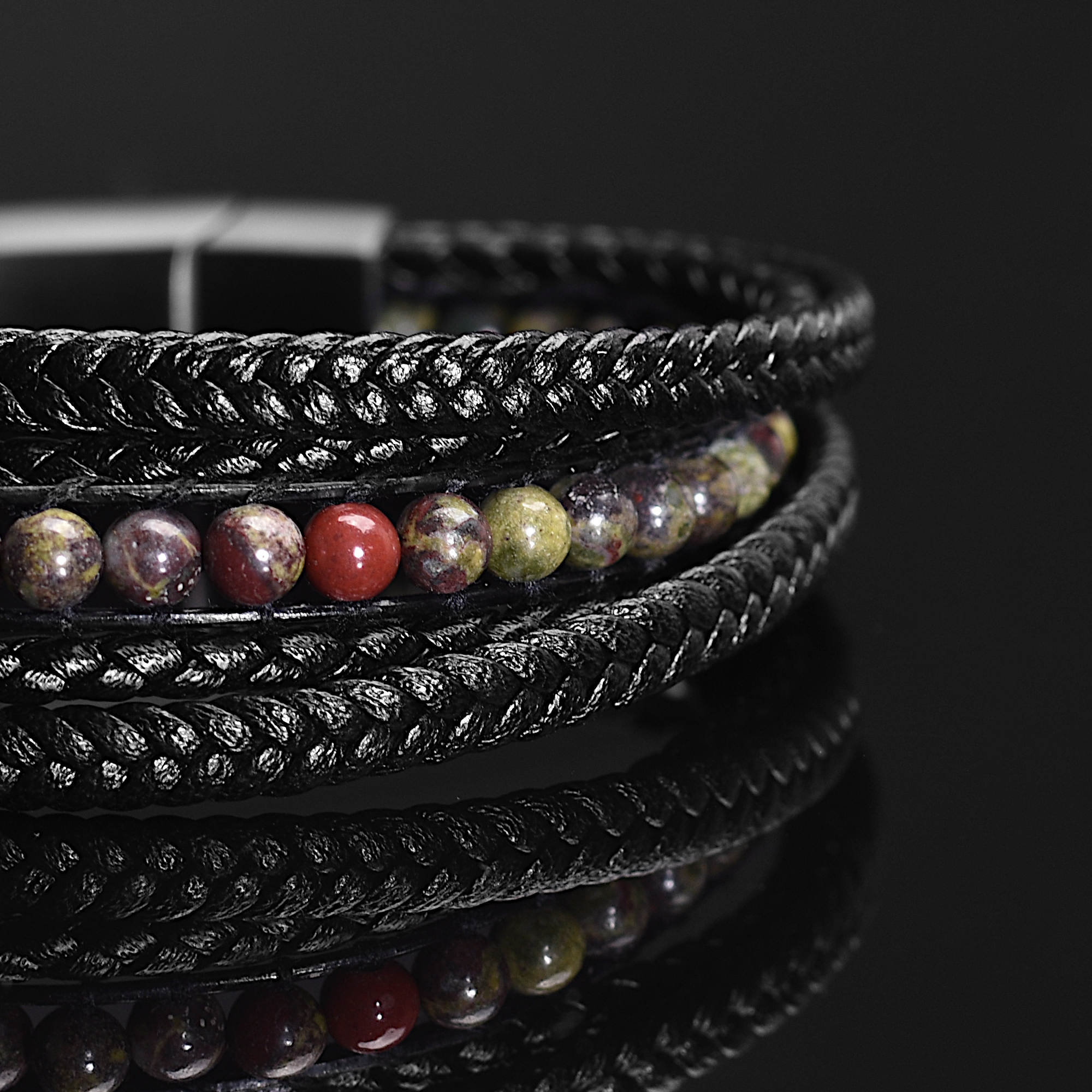 Varek - Multi-layer leather bracelet with dragon blood beads & genuine leather cords