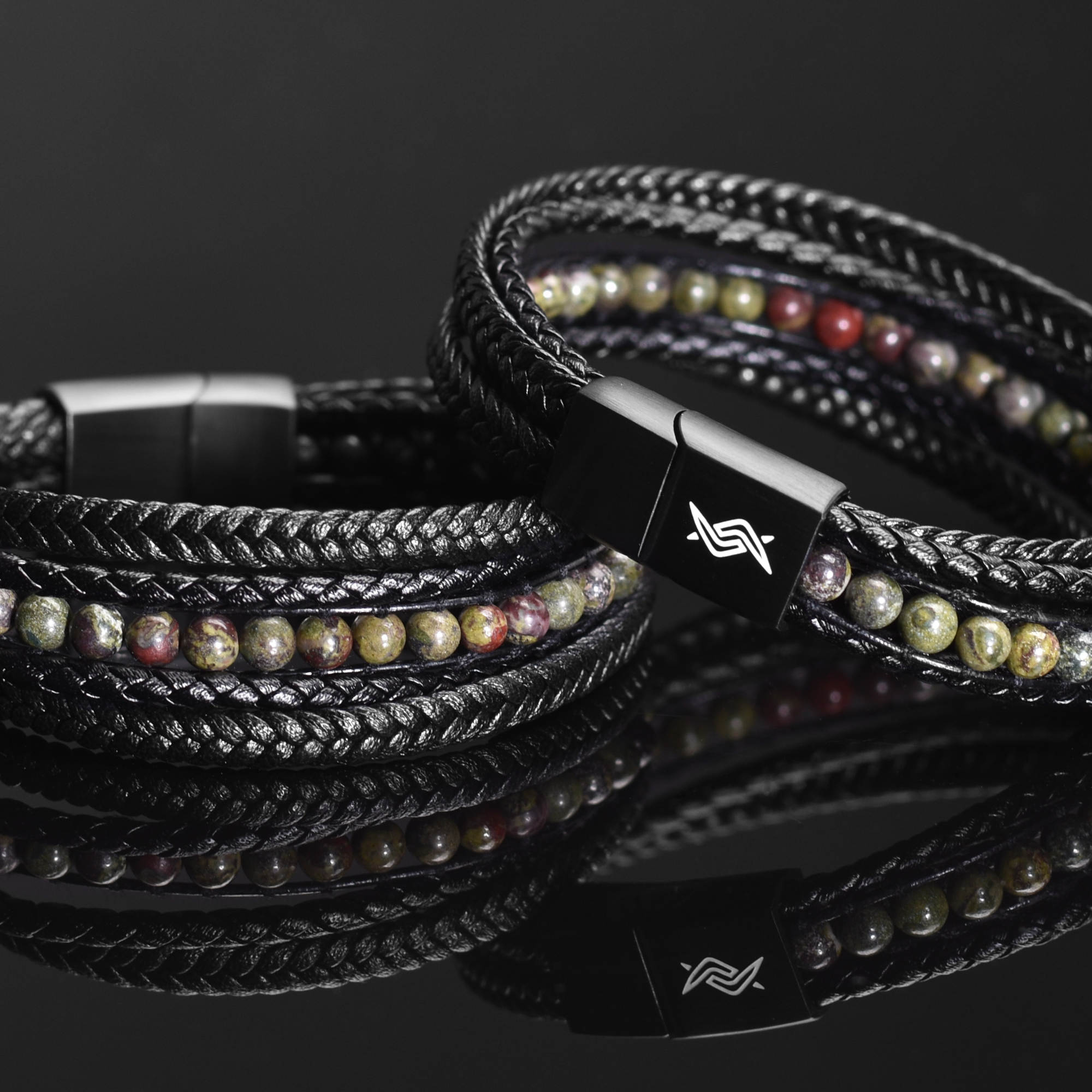 Varek - Multi-layer leather bracelet with dragon blood beads & genuine leather cords